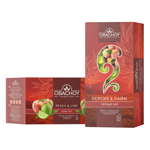 OBACHOY — Чёрный чай с ароматом персика и лайма, 25 конвертов × 2 г