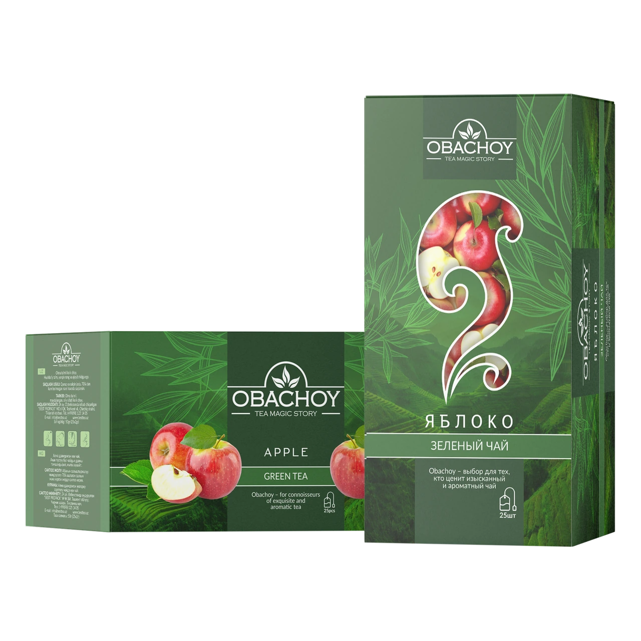 OBACHOY — Зелёный чай с ароматом яблока, 25 конвертов × 2 г